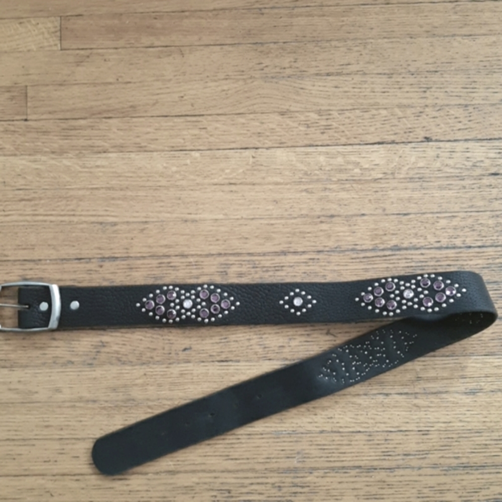 VINTAGE 80’s BLACK LEATHER & CRYSTAL BELT - Picture 7 of 8